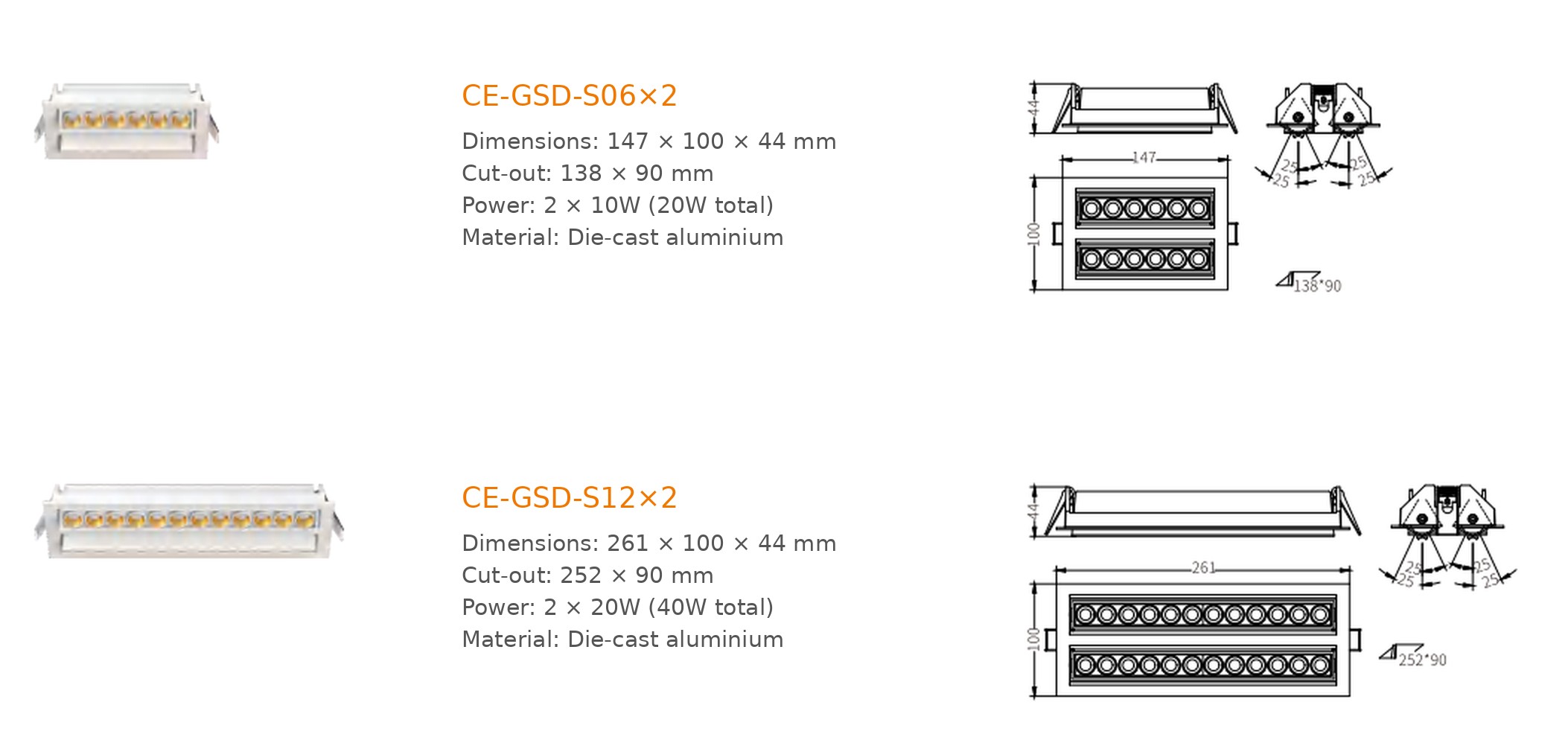 Double-Row Adjustable Recessed LED Spotlight 20W / 40W | KONS GSD-S Series Double-Row Adjustable Recessed LED Spotlight 20W / 40W | KONS GSD-S Series