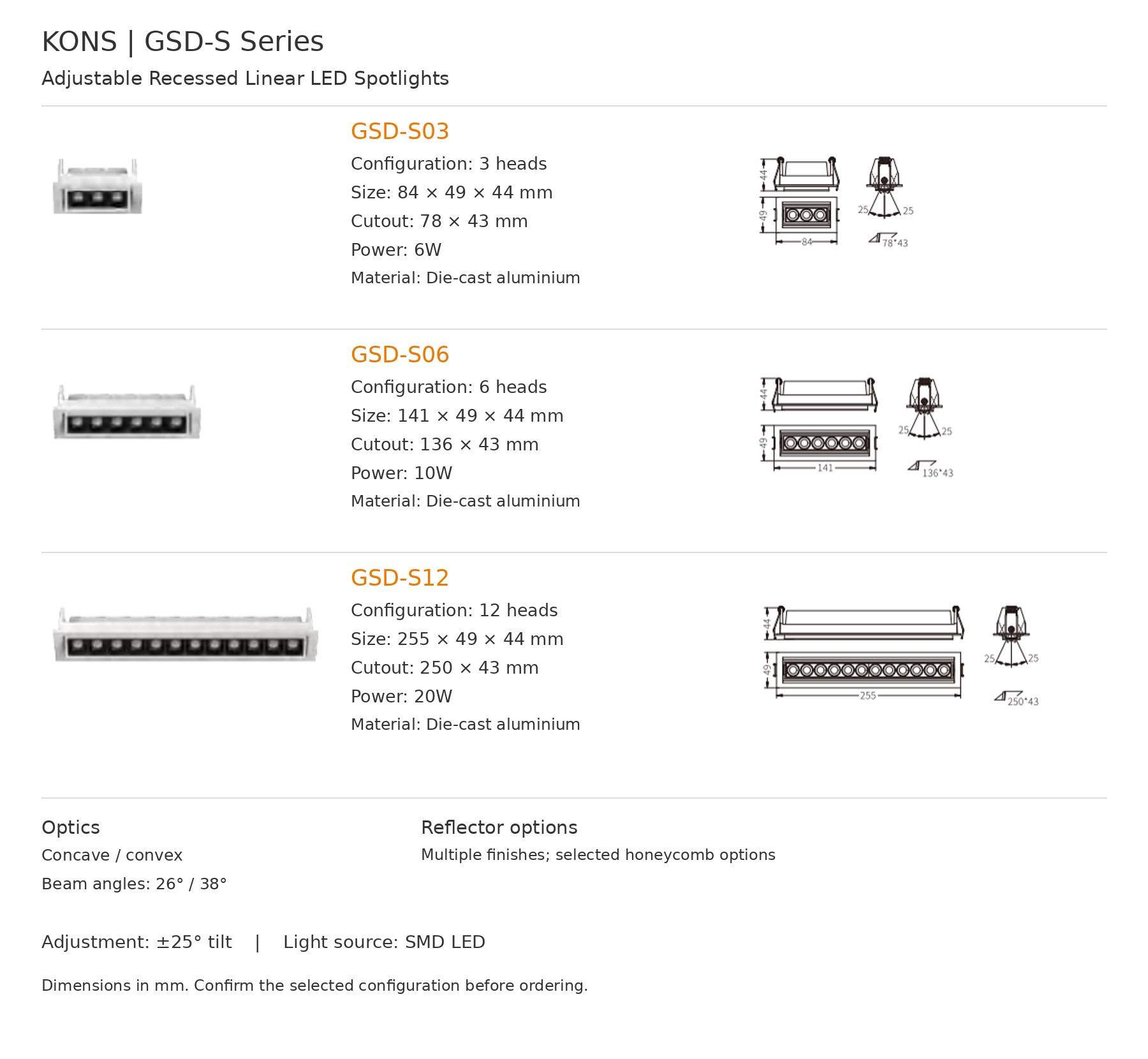 Adjustable Recessed Linear LED Spotlight 6–20W, 3/6/12 Heads | KONS GSD-S Series Adjustable Recessed Linear LED Spotlight 6–20W, 3/6/12 Heads | KONS GSD-S Series