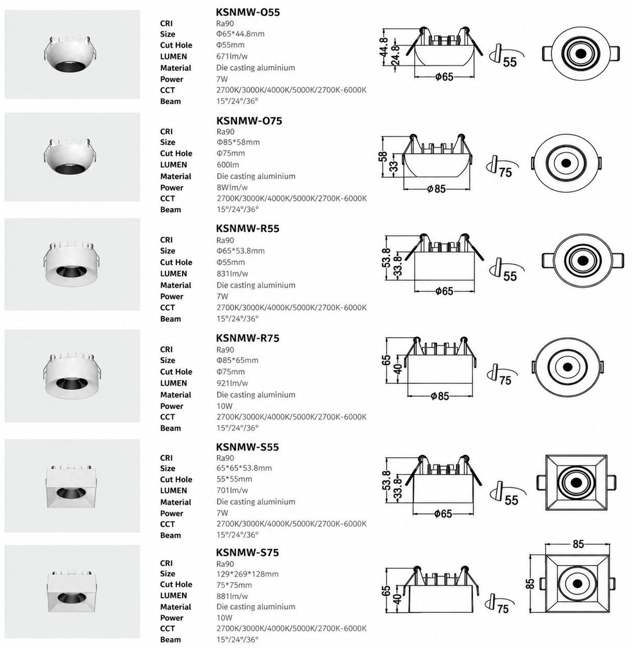 Recessed LED Spotlights with Round and Square Trims | KSNMW Series Recessed LED Spotlights with Round and Square Trims | KSNMW Series