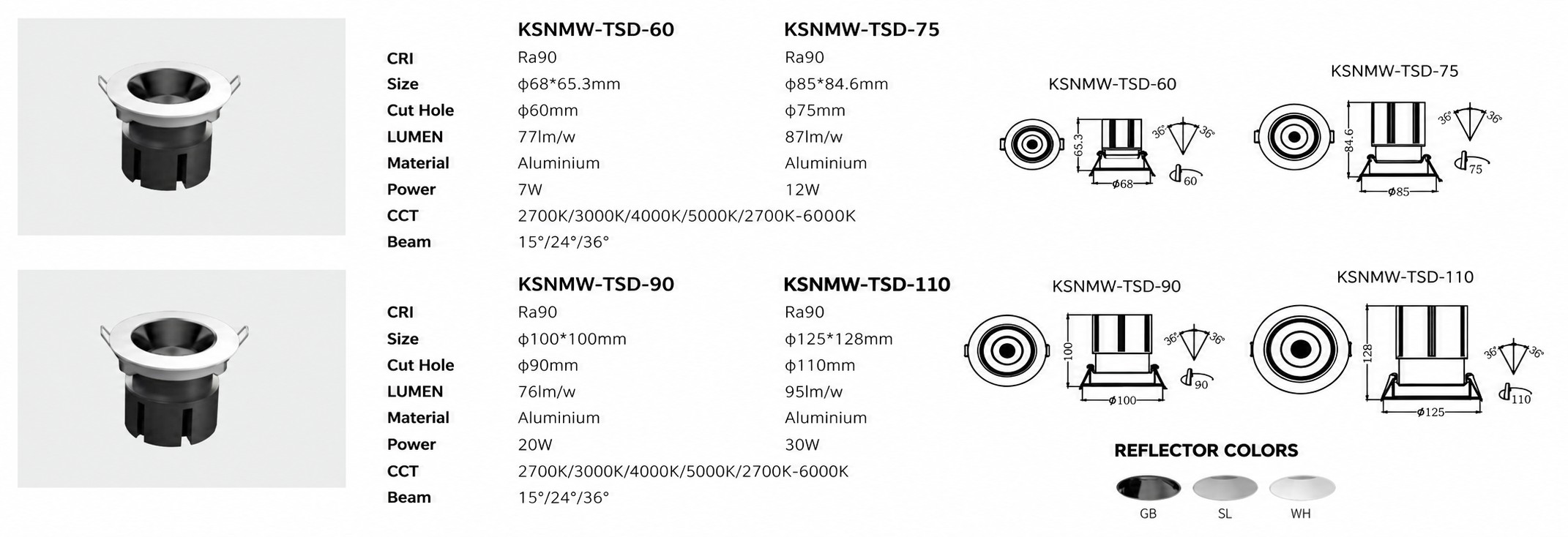 Recessed LED Downlights 7W–30W with Reflector Options | KSNMW-TSD Series Recessed LED Downlights 7W–30W with Reflector Options | KSNMW-TSD Series