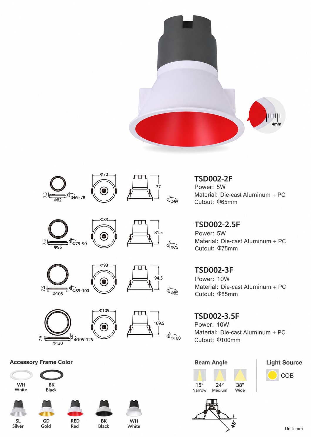 Narrow Trim Recessed LED Spotlight 5–10W with Multiple Reflector Finishes | KONS TSD002 & TSD003 Series