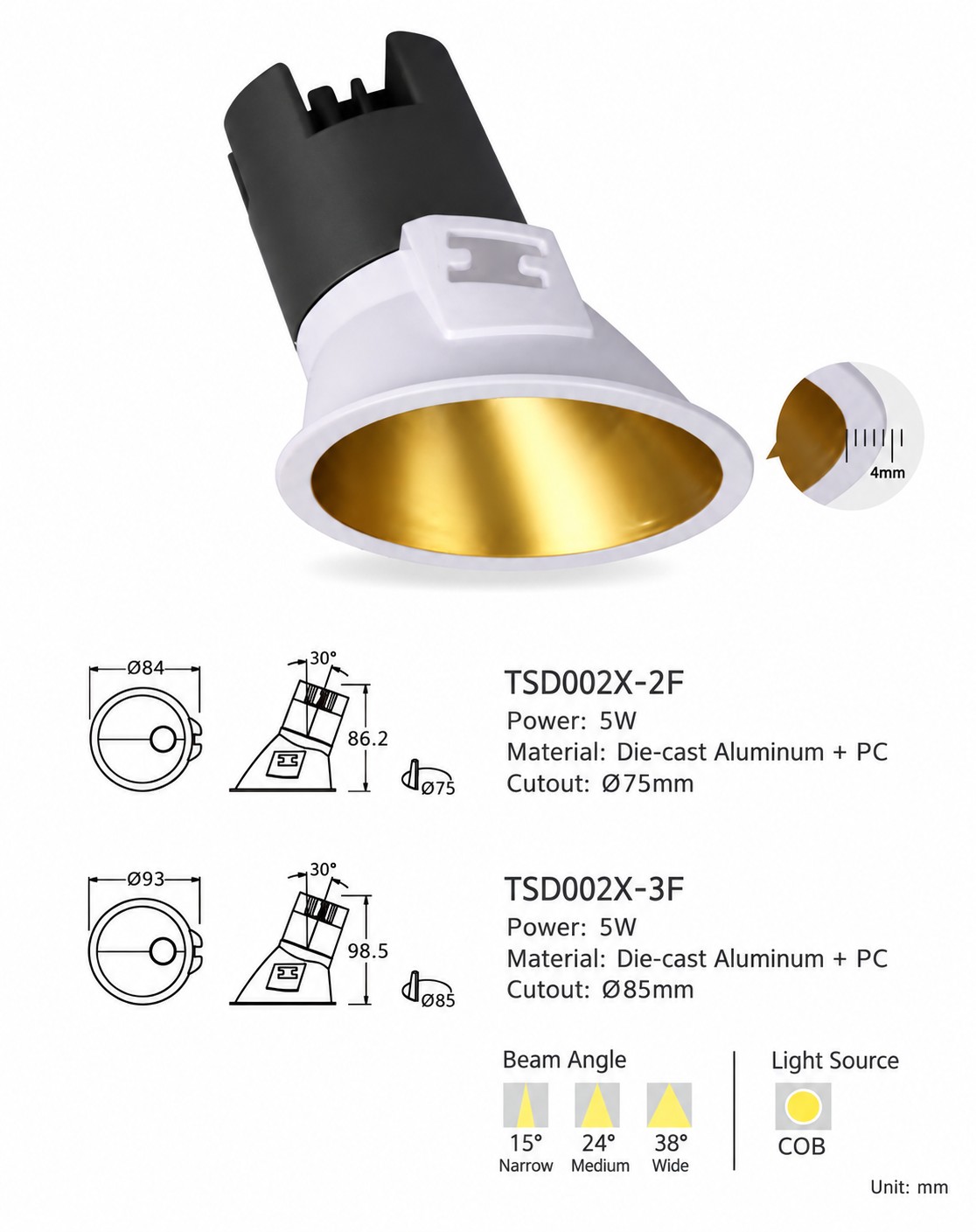 Narrow Trim Recessed LED Spotlight 5–10W with Multiple Reflector Finishes | KONS TSD002 & TSD003 Series Narrow Trim Recessed LED Spotlight 5–10W with Multiple Reflector Finishes | KONS TSD002 & TSD003 Series