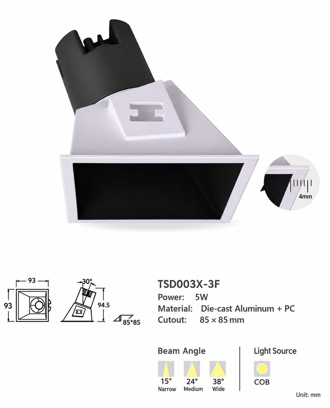 Narrow Trim Recessed LED Spotlight 5–10W with Multiple Reflector Finishes | KONS TSD002 & TSD003 Series Narrow Trim Recessed LED Spotlight 5–10W with Multiple Reflector Finishes | KONS TSD002 & TSD003 Series