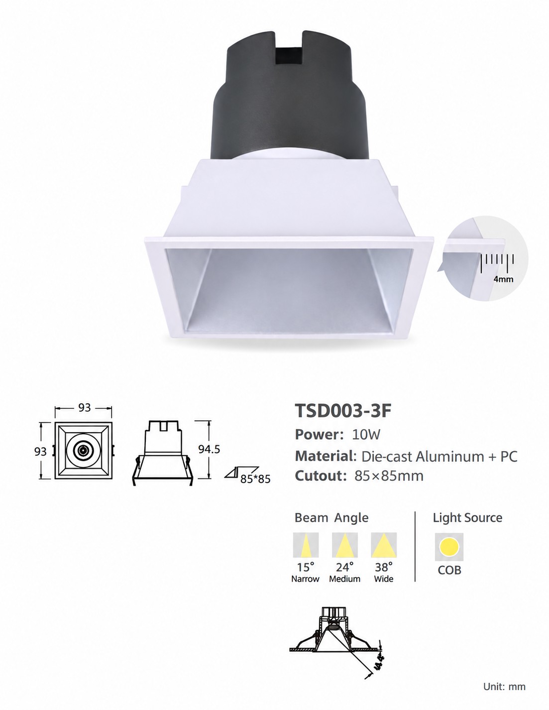 Narrow Trim Recessed LED Spotlight 5–10W with Multiple Reflector Finishes | KONS TSD002 & TSD003 Series
