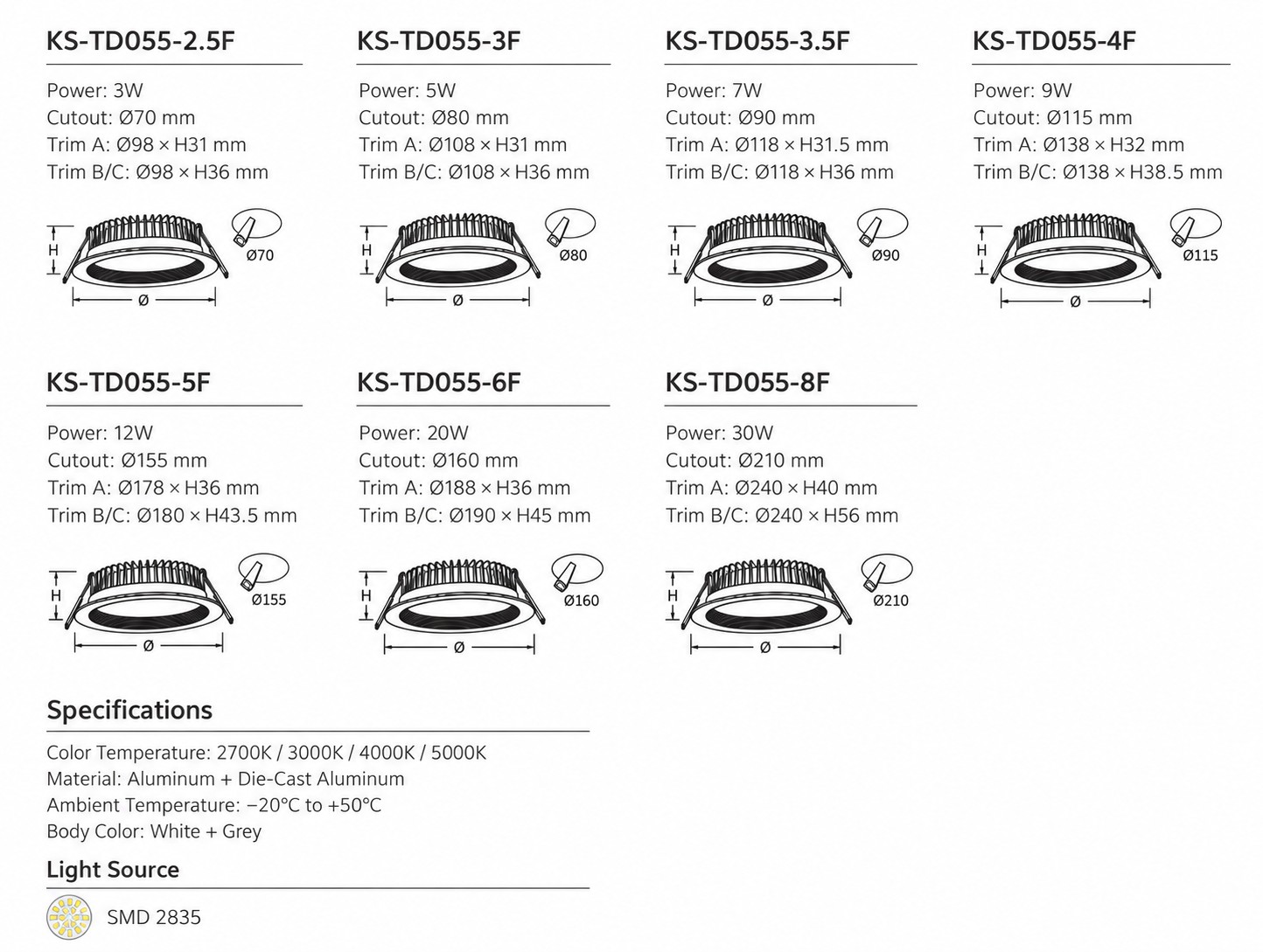 Recessed SMD LED Downlight 3–30W for Commercial Projects | KS-TD055 Series Recessed SMD LED Downlight 3–30W for Commercial Projects | KS-TD055 Series