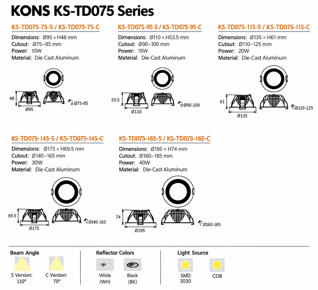 Recessed LED Downlight 10–40W for Commercial Projects | KS-TD075 Series Recessed LED Downlight 10–40W for Commercial Projects | KS-TD075 Series