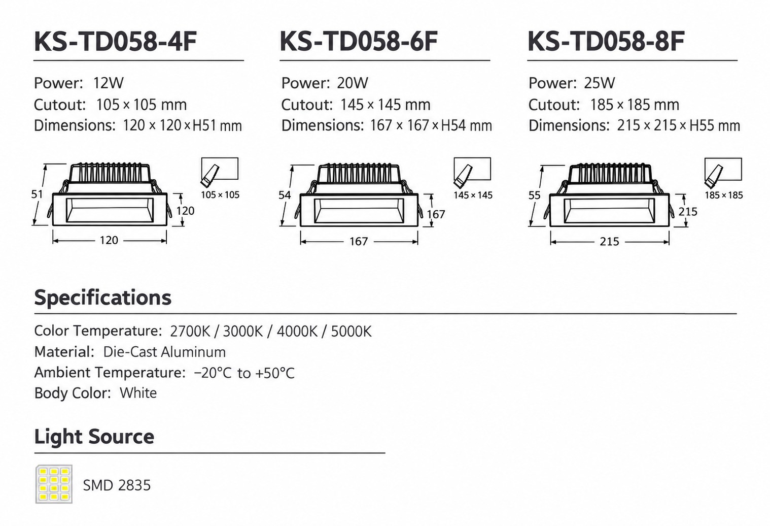 Square Recessed LED Downlight 12–25W for Commercial Projects | KS-TD058 Series Square Recessed LED Downlight 12–25W for Commercial Projects | KS-TD058 Series