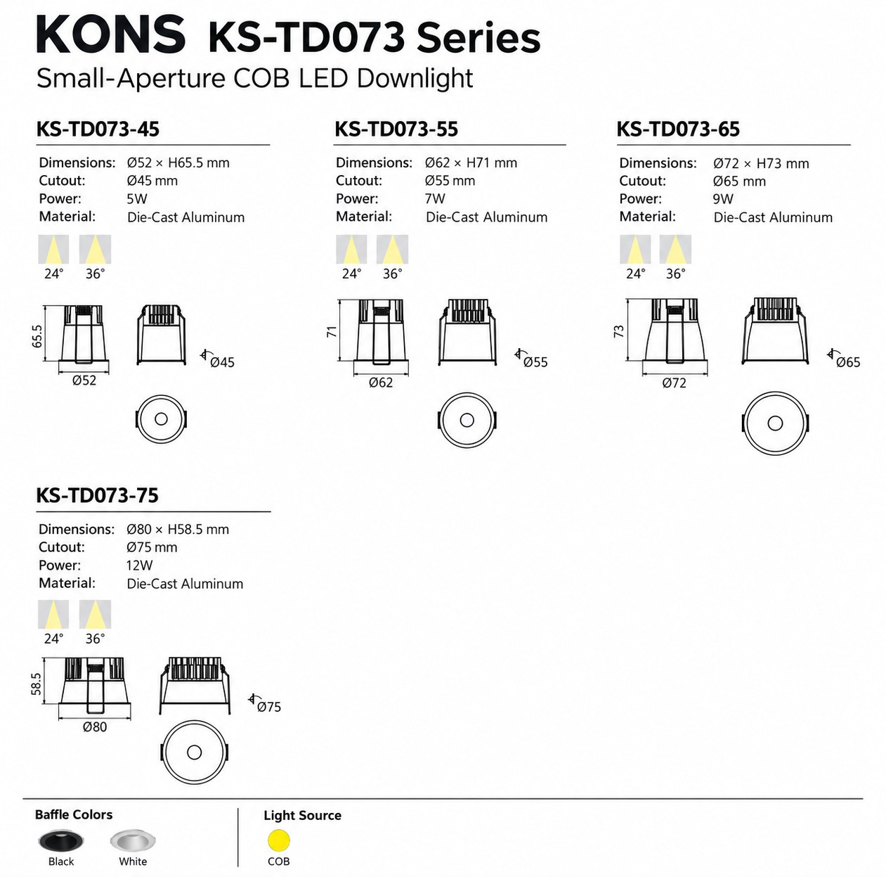 Small-Aperture COB LED Downlight 5–12W for Commercial Projects | KS-TD073 Series Small-Aperture COB LED Downlight 5–12W for Commercial Projects | KS-TD073 Series