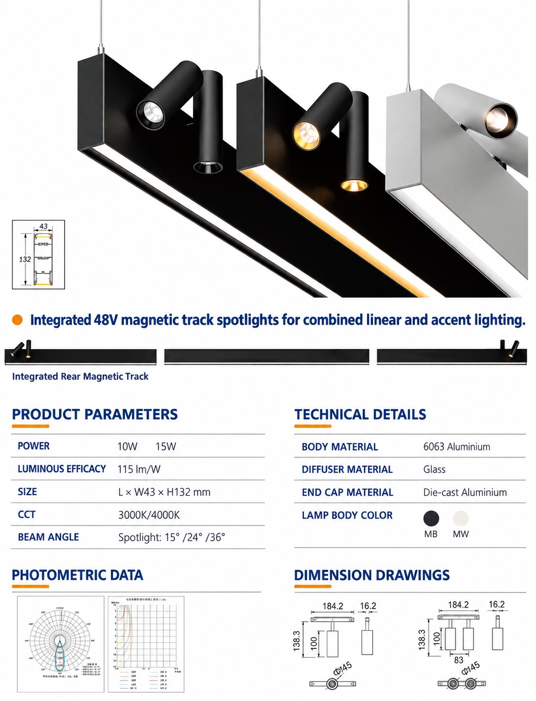 KONS KSKD917S Linear LED Pendant Light with 48V Magnetic Spotlight System